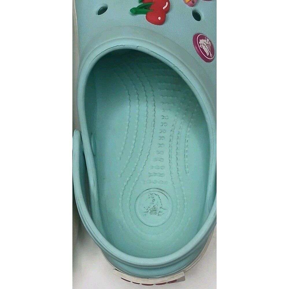 Crocs Kids Girls Sz C 12/13 Aqua Blue /Pink White w Charms Flowers Butterflies - Picture 16 of 16